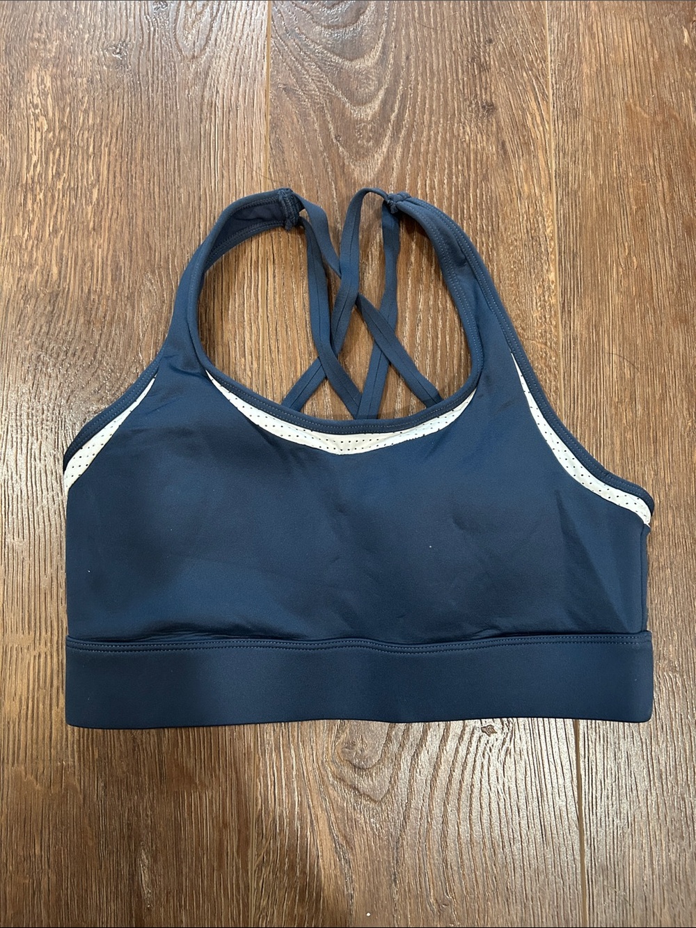 ZYIA Navy Sports Bra with White Contrast Trim and Crisscross Straps